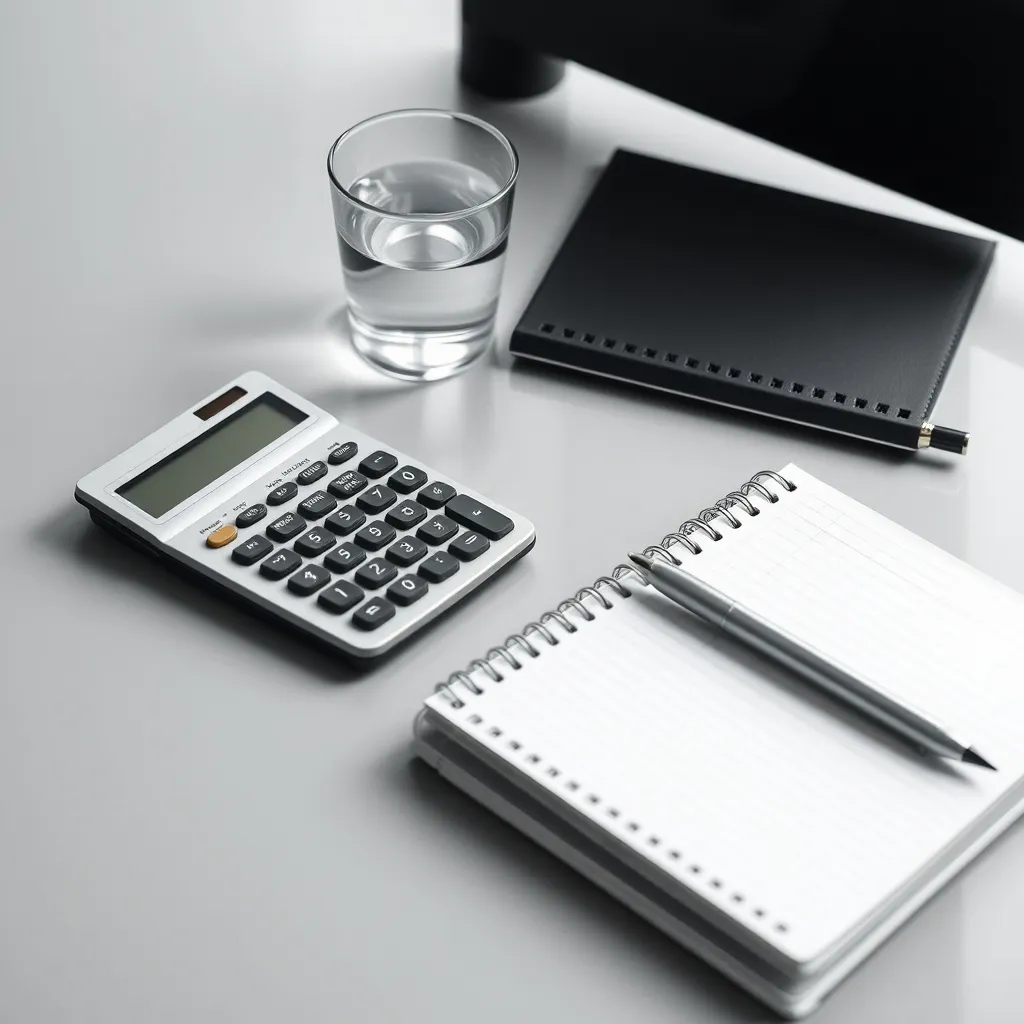 A minimalist professional office desk with a calculator, a n